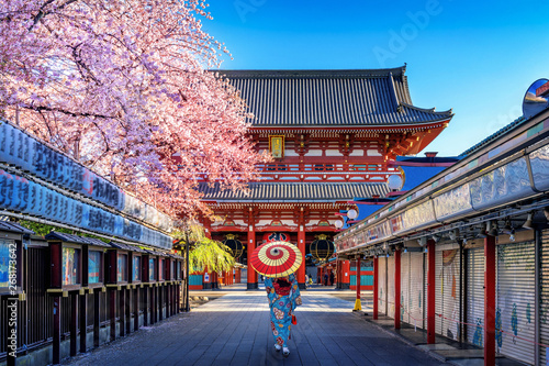 Asian woman wearing japanese traditional kimono at Temple in Tokyo, Japan.