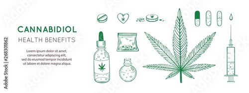Cannabidiol Health benefits Vector background, banner. Hand drawn Infographic set of medical Cannabis, marijuana. Pills, bottles, oil and other medicinal cannabis symbols