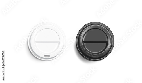 Blank black and white disposable coffee cup lid mockup, lying top view, plastic cover mock up isolated, 3d rendering. Empty coffe drinking mug cardboard cap mock-up. Clear plain tea take away package.