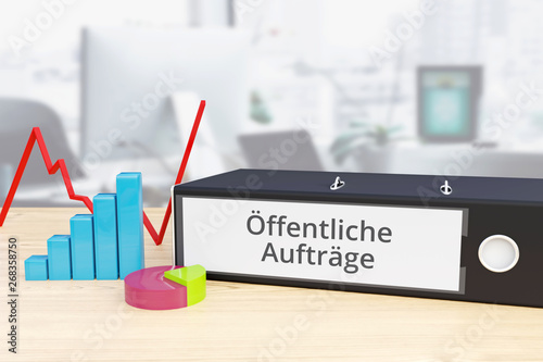 Öffentliche Aufträge – Finanzen/Wirtschaft. Ordner auf Schreibtisch mit Beschriftung neben Diagrammen. Business