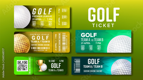 Stylish Design Tickets Visit Golf Game Set Vector. Collection Of Colorful Tickets Coupons For National Competition Decorated Playing Ball, Barcodes And Venue Details. Realistic 3d Illustration
