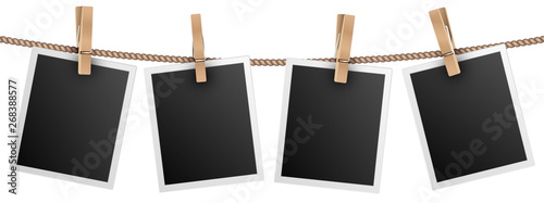 Retro photo frames hanging on rope isolated on white background vector illustration. Photo picture for album, empt photograph