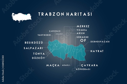 Trabzon districts carsibasi, akcaabat, vakfikebir, besikduzu, salpazari, tonya, duzkoy, macka, arakli, koprubasi, caykara, hayrat, dernekpazari, of, surmene, arsin, yomra map, Turkey
