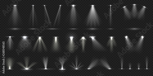 Stage spotlight. Show stage light effect, bright lighted concert scene for theater gallery disco club. Vector realistic vivid spotlight collection