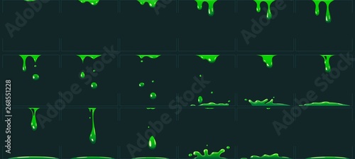 Dripping green slime animation. Cartoon animated toxic waste liquid. Acid or poison drip drop fx sprite vector illustration