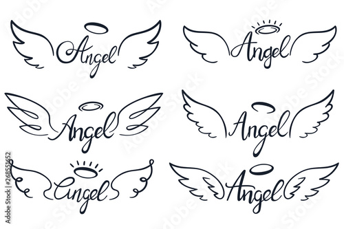 Angel wings lettering. Heaven wing, heavenly winged angels and holy wings sketch vector illustration set