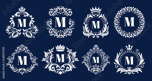 Luxury monogram frame. Ornamental monograms, heraldic initials logo ornament and elegant letters border frames vector illustration set