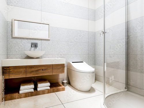 Modern bathroom in the home with smart toilet and shower, as well as sink and mirror