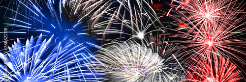 Blue white and red fireworks panoramic background, 2024 american presidential elections, US 4th of July or France 14 Juillet national bastille day or british UK flag party web banner