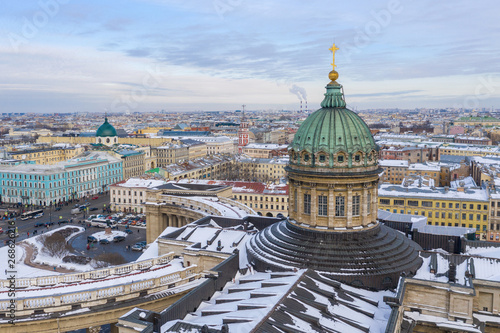 The dome of Kazan Cathedral aerial view from drone, Saint Petersburg, Russia