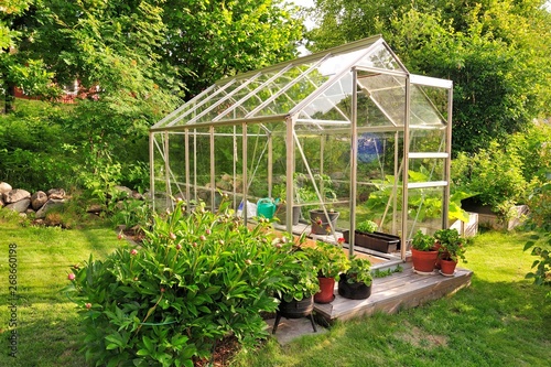A garden center greenhouse with a colorful display of potted plants and flowers 