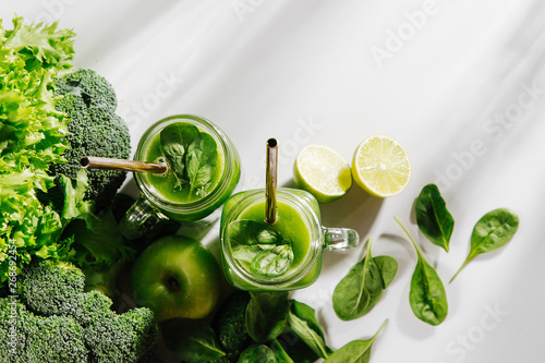 Healthy breakfast with green smoothie. Detox and diet concept. Vegetarian food.