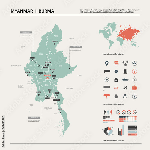 Vector map of Myanmar. Country map with division, cities and capital Naypyidaw. Political map, world map, infographic elements.