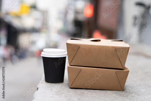 Take Out Box from Cardboard and Cup of Coffee. Blank Take away Container and Paper Coffee Cup Mock-up. Close up Empty Presentation Template.