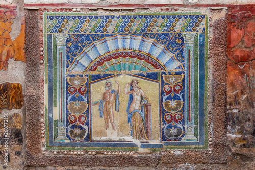 Herculaneum, Italy. 04-24-2019. Mosaic at Herculaneum ancient roman city in Italy