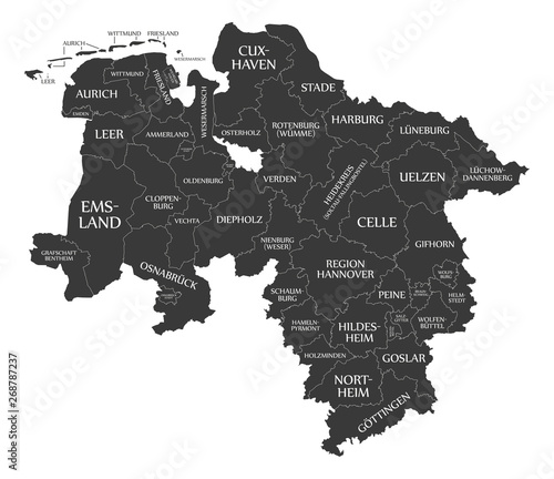 Modern Map - Lower Saxony map of Germany with counties and labels black
