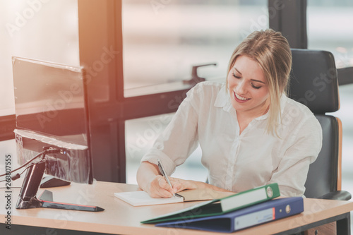 Happy Smile Young Busy Businessgirl Working Busy in Office,Receptionist and Personal Assistant Taking Note vintage color tone