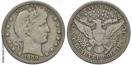 United States US silver coin 1/4 quarter dollar 1909, laureate Liberty head surrounded by thirteen stars right, eagle with shield on chest holding olive branch and bundle of arrows in talons,