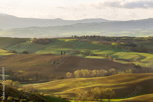 hills and fields of Val d'Orcia in Tuscany at sunrise