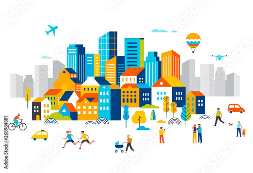 Smart city, landscape city centre with many building, airplane is flying in the sky and people walking, running in park.