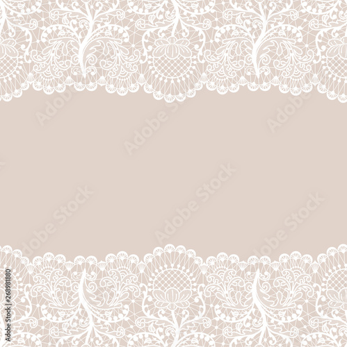 Horizontally seamless beige lace background with white lace borders