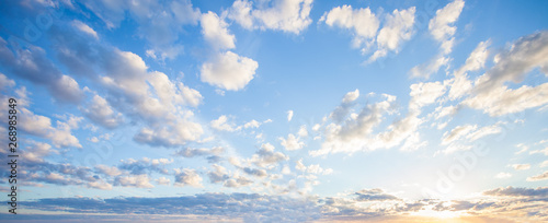 Blue sky clouds background, Beautiful landscape with clouds and orange sun on sky