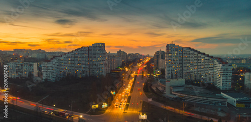 Beautiful night city. The gates of the city of Chisinau, Moldova, aerial view