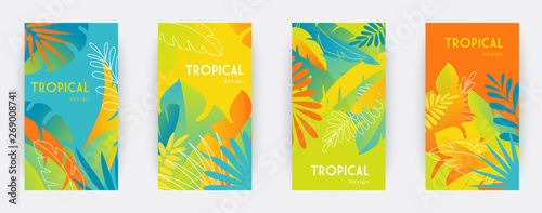 Tropical themed banners set. Creative compositions of colorful palm leaves and branches. Abstract geometric design templates for posters, covers, wallpapers with place for text. Flat style vector