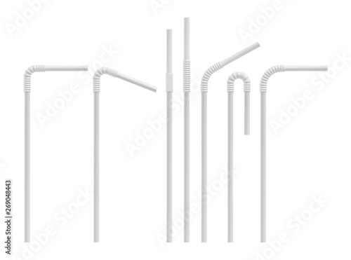 Realistic drinking straw set. Straight and bent plastic cocktail tube. Vector mockup.