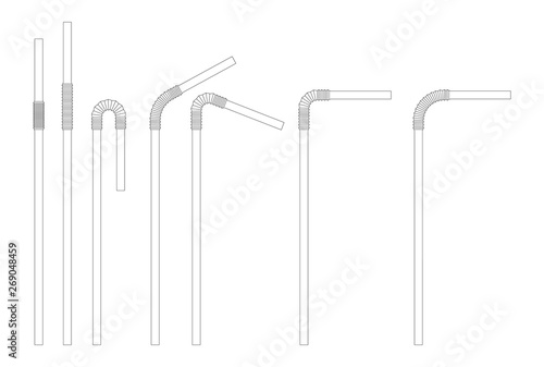 Drinking straw sketch set. Straight and bent plastic cocktail tube. Vector doodle illustration.