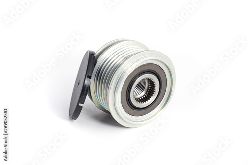 Freewheel alternator pulley on isolated white background with cap. Auto electrical parts.
