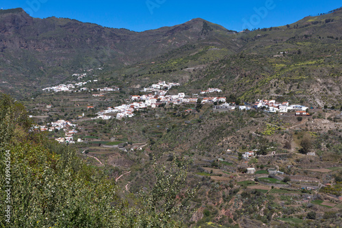 Gran Canaria,view of mountain countryside and village of Tejeda, white Canarian houses with brown clay roof tiles. Canary Islands, Spain