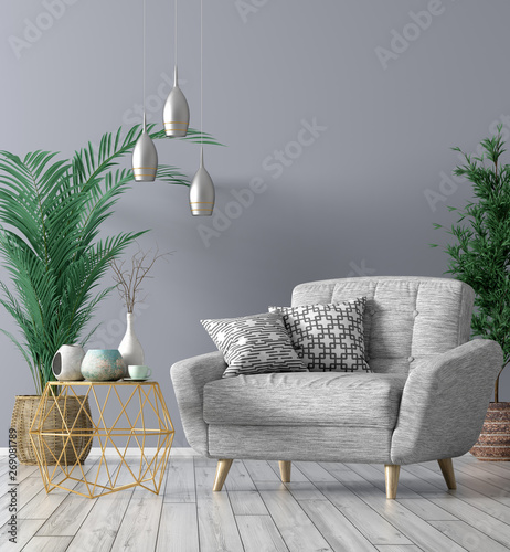 Interior with armchair and coffee table 3d rendering
