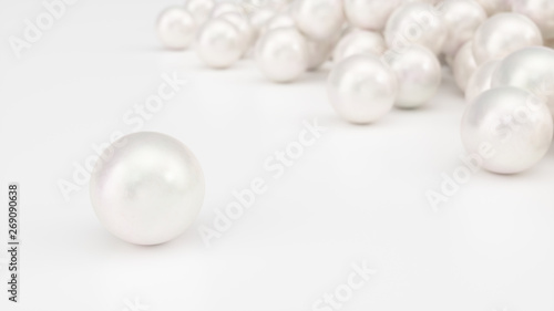 Pile of pearls. Background of the plurality of beautiful pearls. Gems, women's jewelry, nacre beads. Background For your banner, poster, logo. Beautiful shiny sea pearl. 3d illustration