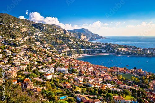 Villefranche sur Mer and French riviera coastline aerial view,