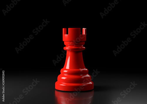 Red rook chess, standing against black background. Chess game figurine. leader success business concept. Chess pieces. Board games. Strategy games. 3d illustration, 3d rendering