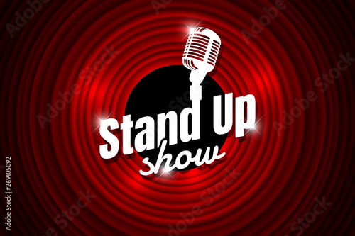 Stand up comedy night live show open mic on empty theatre stage. Vintage microphone against red curtain backdrop. Retro vector art image illustration