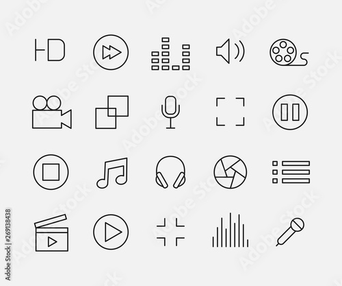 Set of multimedia icons in modern thin line style.