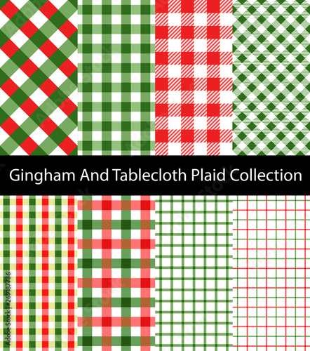 Collection of Green and Red Gingham / Tablecloth patterns. Seamless checkered and square texture backgrounds.