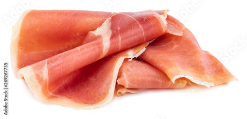 Italian prosciutto crudo or jamon. Raw ham. Isolated on white background