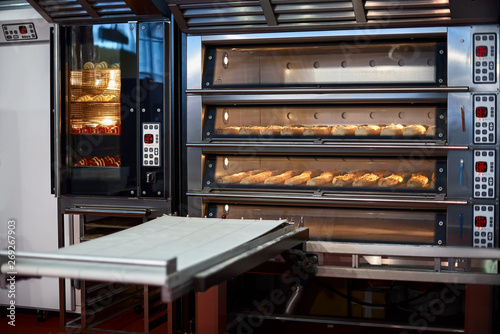 Industrial convection oven with cooked bakery products for catering. Professional kitchen equipment