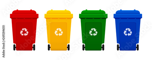 bin plastic, four colorful recycle bins isolated on white background, red, yellow, green and blue bins with recycle waste symbol, front view of four recycle bin plastic, 3r