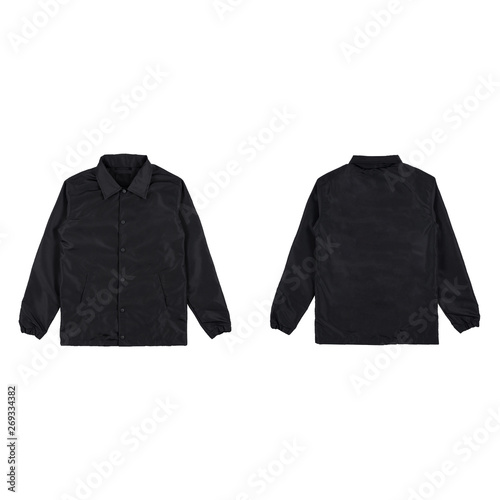 Blank plain windbreaker jacket black color front and back side view isolated on white background. ready for your mock up design project.