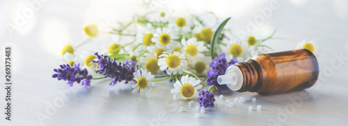Fläschen Globulis mit Lavendel und Kamille-Banner/Hintergrund für Naturheilkunde und Homöopathie