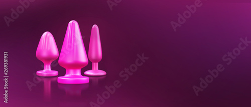 Different bdsm toys - dildo, prostate massager, vibrator, anal plug and others on a pink background. There is an empty space for your text. 3D illustration.