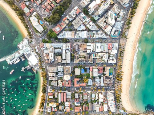 Vertical bird's eye aerial drone panoramic view of the oceanside suburb of Manly, Sydney, New South Wales, Australia. Harbourside on the left, oceanside with famous Manly Beach on the right side.