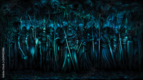 Dark ages warriors banner/ Illustration fantasy group of medieval warriors, gloomy skies in the background. Digital painting