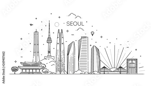 Seoul architecture line skyline illustration. Linear vector cityscape with famous landmarks