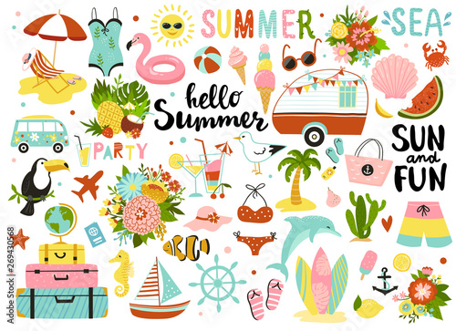 Set of cute summer elements: sun, palm tree, beach umbrella, calligraphy, tropical flowers and birds. Perfect for summertime poster, card, scrapbooking , tag, invitation, sticker kit. 