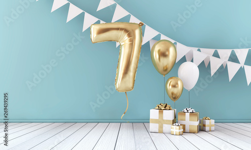 Happy 7th birthday party celebration balloon, bunting and gift box. 3D Render